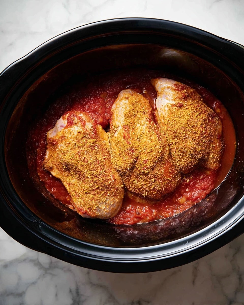 Inside a black slow cooker, three large raw chicken pieces are placed closely on top of a thick red tomato sauce. The chicken pieces are covered evenly with a layer of golden-brown powdered spice, giving them a textured look. The slow cooker sits on a white marbled surface, which adds a clean and bright contrast to the dark cooking pot and colorful food inside photo taken with an iphone --ar 4:5 --v 7