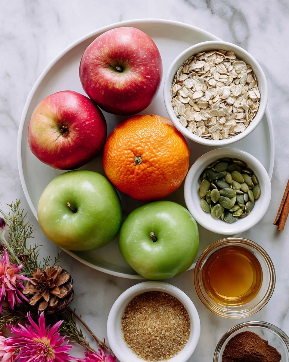 A white plate is shown on a white marbled surface, holding several fruits and ingredients. On the plate, there are three red apples with shiny smooth skin and two green apples with a glossy texture arranged around a bright orange with a bumpy surface in the center. To the right, there are four small white bowls; the top bowl is filled with dry oats showing a pale beige color and rough texture, next to it is a bowl of green pumpkin seeds with a smooth look. Below these, there is a bowl of light brown sugar with a grainy texture and a smaller bowl of dark cinnamon powder with a fine texture. In the bottom right corner, a small clear glass bowl contains golden honey. A woman's hand is slightly touching one red apple and part of a pink plant and a brown pinecone rest on the marbled surface near the plate photo taken with an iphone --ar 4:5 --v 7