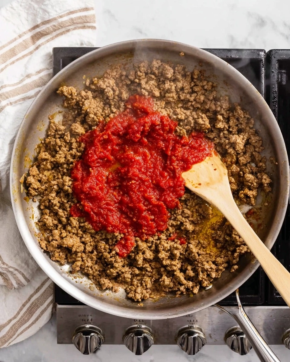 A round silver pan is filled with cooked ground meat that is brown and crumbly, spread evenly around the edges leaving the center open. In the middle of the pan, there is a dollop of bright red tomato sauce sitting on top of the meat. A wooden spatula with some red sauce on its tip rests inside the pan on the right side, touching the meat. The pan is placed on a black stove with silver handles, and the background is a white marbled surface with a white and beige striped cloth to the left. Steam lightly rises from the hot food. Photo taken with an iphone --ar 4:5 --v 7