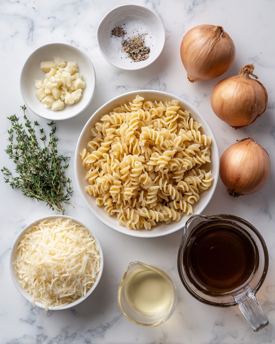 The image shows an overhead view of several ingredients arranged neatly on a white marbled surface. In the center, there is a white bowl filled with curly pasta that is pale yellow. To the right of the pasta, there are two whole brown onions and a small bunch of fresh green thyme. Above the onions, a small white bowl holds minced garlic, light beige in color. To the left of the pasta bowl, there is a small white bowl containing pale yellow shredded Gruyere cheese, and below it, a smaller bowl with finely grated light off-white Parmesan cheese. Above the Gruyere cheese, another small white bowl has a small mix of coarse salt and black pepper. Below the Parmesan cheese, a small white cup holds a translucent pale yellow liquid, white wine. On the bottom right side of the image, a clear glass measuring cup is filled with dark brown veggie broth. Each ingredient is clear, clean, and well spaced. photo taken with an iphone --ar 4:5 --v 7