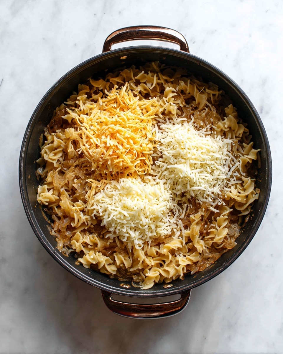 A black cooking pot with two brown handles is filled with curly-edged pasta in a light brown sauce mixed with bits of cooked onions. On top of the pasta, there are two piles of cheese: one pile of thin yellow shredded cheese and another pile of finely white grated cheese. The pot sits on a white marbled surface. photo taken with an iphone --ar 4:5 --v 7