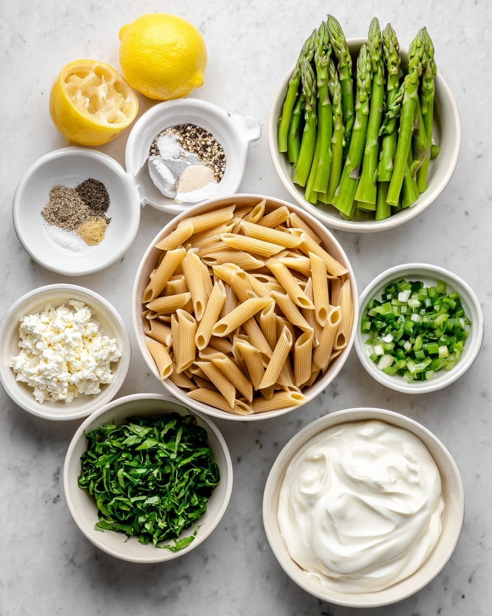 The image shows an overhead view of seven small white bowls arranged on a white marbled surface, each containing a different ingredient. In the center, there is a bowl filled with uncooked tan penne pasta. Surrounding it, clockwise from top left, are bowls with white crumbly cheese, chopped green herbs, a mix of salt and black pepper, a lemon juicer with a half lemon, a bowl full of creamy white yogurt, and a bowl of chopped green asparagus. The colors contrast nicely with the white bowls and marbled background. photo taken with an iphone --ar 4:5 --v 7