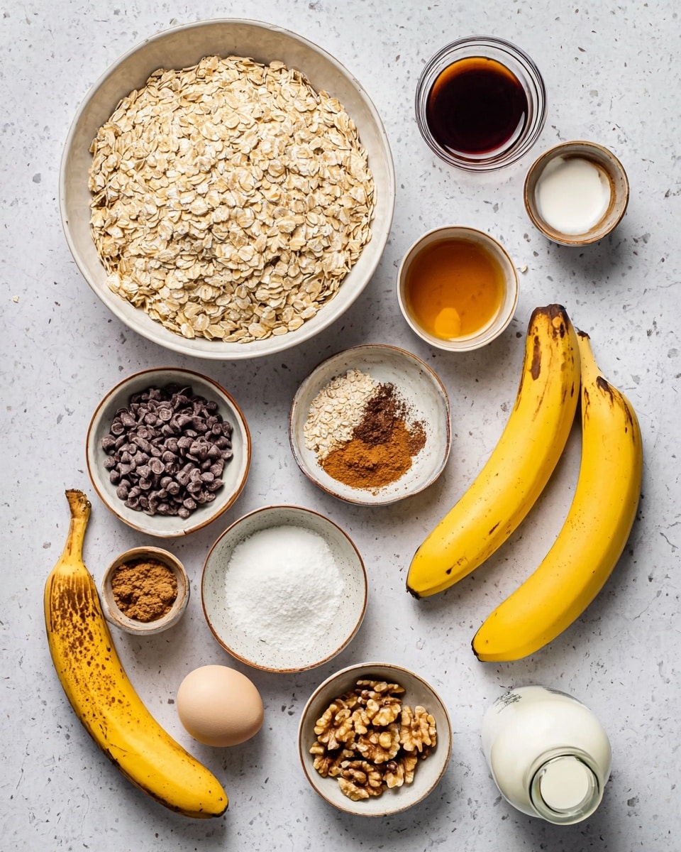 A flat lay of baking ingredients arranged neatly on a white marbled surface, featuring a large white bowl filled with light brown rolled oats at the center. Surrounding it are smaller white bowls, some with a thin brown rim, containing dark brown chocolate chips, golden chopped walnuts, white baking powder, light brown cinnamon, ground brown spice, white salt, and two raw eggs in a bowl. Two ripe yellow bananas with brown spots lie next to the bowls. There is also a clear glass bowl with dark liquid, a small clear glass bowl with amber syrup, and a small bottle of milk with a white cap placed around the setup. Photo taken with an iphone --ar 4:5 --v 7