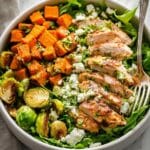 Honey Lemon Chicken Thighs with Roasted Sweet Potatoes, Brussels Sprouts, and Goat Cheese Recipe