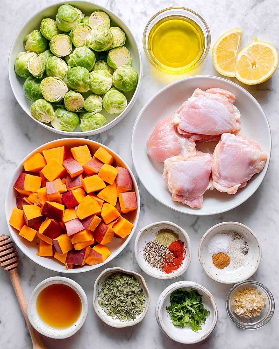 The image shows a top view of several white bowls arranged on a white marbled surface, each holding different fresh ingredients. At the center is a white bowl with three pieces of raw pink chicken thighs. Above it to the left is a white bowl full of whole green Brussels sprouts, some cut in half showing their light green interiors. Below the chicken to the left is another white bowl, filled with bright orange cubed sweet potatoes, some showing red skin edges. To the right of the sweet potatoes are small white bowls with colorful spices in red, brown, and beige tones, chopped green herbs, and a mix of salt and black pepper. Two lemon halves are placed near the top right, beside a clear small bowl holding all-yellow olive oil. On the left side, a small glass bowl with amber-colored honey is accompanied by a wooden honey dipper and another small bowl with a darker amber liquid. The colors are vibrant and the textures are clear, showing freshness throughout the ingredients. Photo taken with an iphone --ar 4:5 --v 7