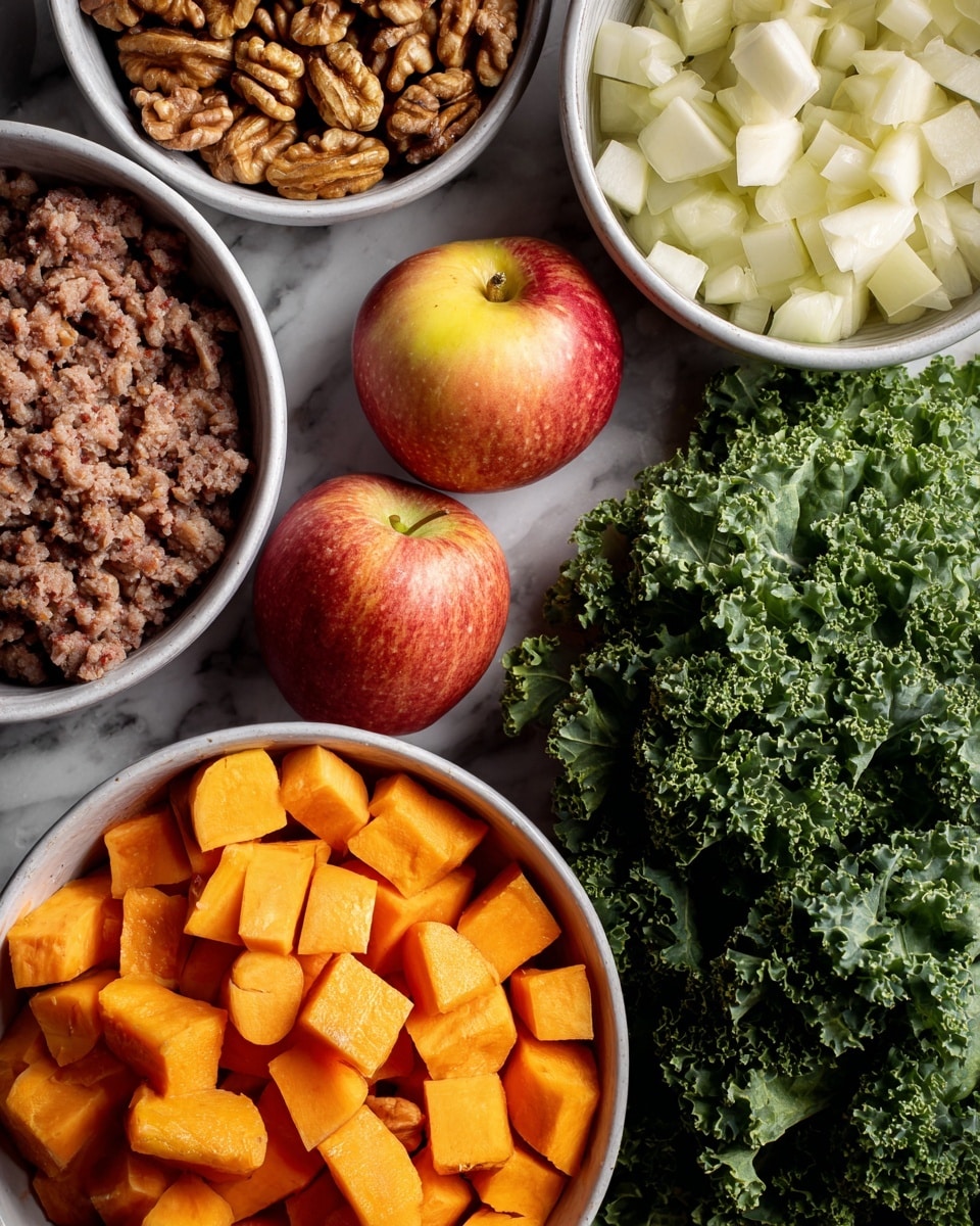 The image shows a white marbled surface with several fresh ingredients arranged neatly. In the top left, a small white bowl holds whole walnut pieces in brown and tan shades. Below it sits a package of ground pork wrapped in brown paper with green circular patterns and a white label. Towards the top right, a white bowl contains chopped white onions, cut into small square pieces. Two red apples with yellow highlights and a smooth shiny texture rest near the center. At the bottom left, another white bowl is filled with cubed chunks of orange sweet potatoes, some pieces showing reddish skin. On the bottom right, bright green curly kale leaves with a textured surface fill much of the space. Photo taken with an iphone --ar 4:5 --v 7