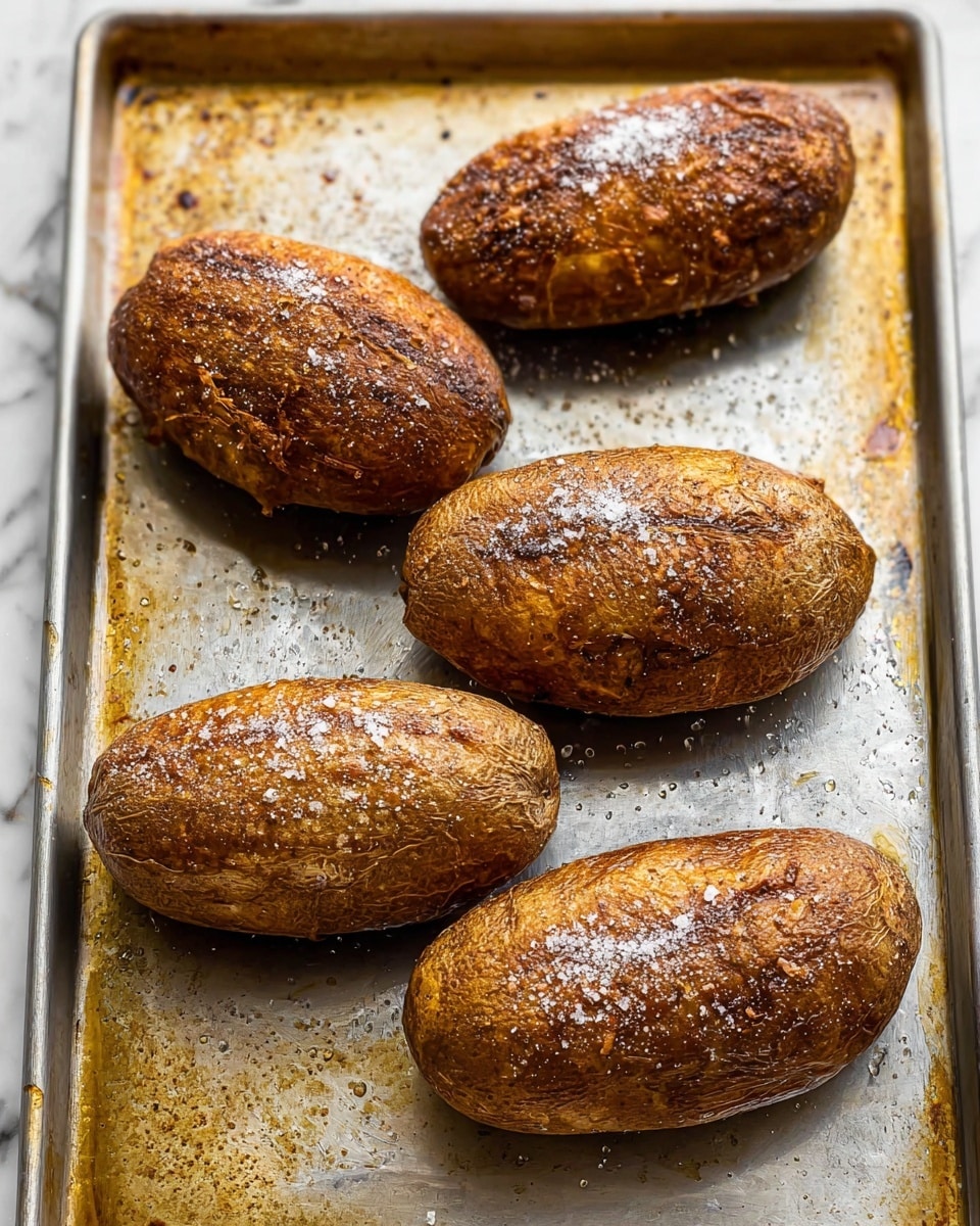 The image shows five baked potatoes with crispy, brown skins sprinkled with coarse salt. They are placed on a metal baking sheet that has shiny, slightly oily spots and a few salt grains scattered around. The potatoes have a rough texture with some wrinkles and charred spots, giving them a rustic look. The background is a white marbled surface. Photo taken with an iphone --ar 4:5 --v 7