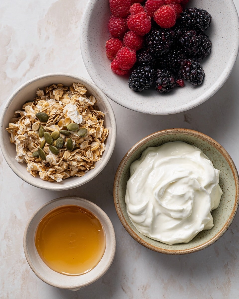 Four white bowls sit on a white marbled surface. The top bowl contains a mix of fresh red raspberries and black blackberries. Below and to the left, a bowl holds a dry granola mix with oats, flakes, and green pumpkin seeds. To the right, a bowl has smooth, thick white yogurt with soft swirls on top. At the bottom left, a smaller bowl holds golden honey, showing a shiny, liquid texture. The bowls have simple and clean designs with one bowl showing slight brown rim tones. photo taken with an iphone --ar 4:5 --v 7