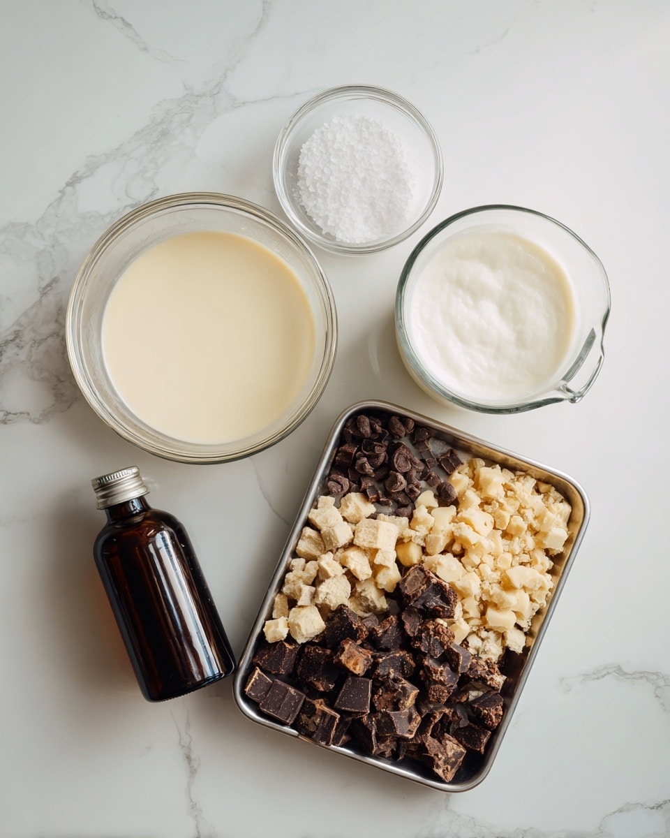 The image shows six ingredients placed on a white marbled surface. On the bottom right is a metal tray filled with chopped cookie pieces in different colors and textures, including dark chocolate, light beige, and golden brown. Above the tray is a small dark brown bottle of vanilla extract lying on its side. To the left is a clear glass/container bowl filled with smooth pale yellow sweetened condensed milk. Above that is a small clear bowl holding white salt. On the top right, there is a clear measuring cup filled with frothy white heavy cream. The setup is clean, bright, and evenly lit, with labels identifying each ingredient. Photo taken with an iphone --ar 4:5 --v 7