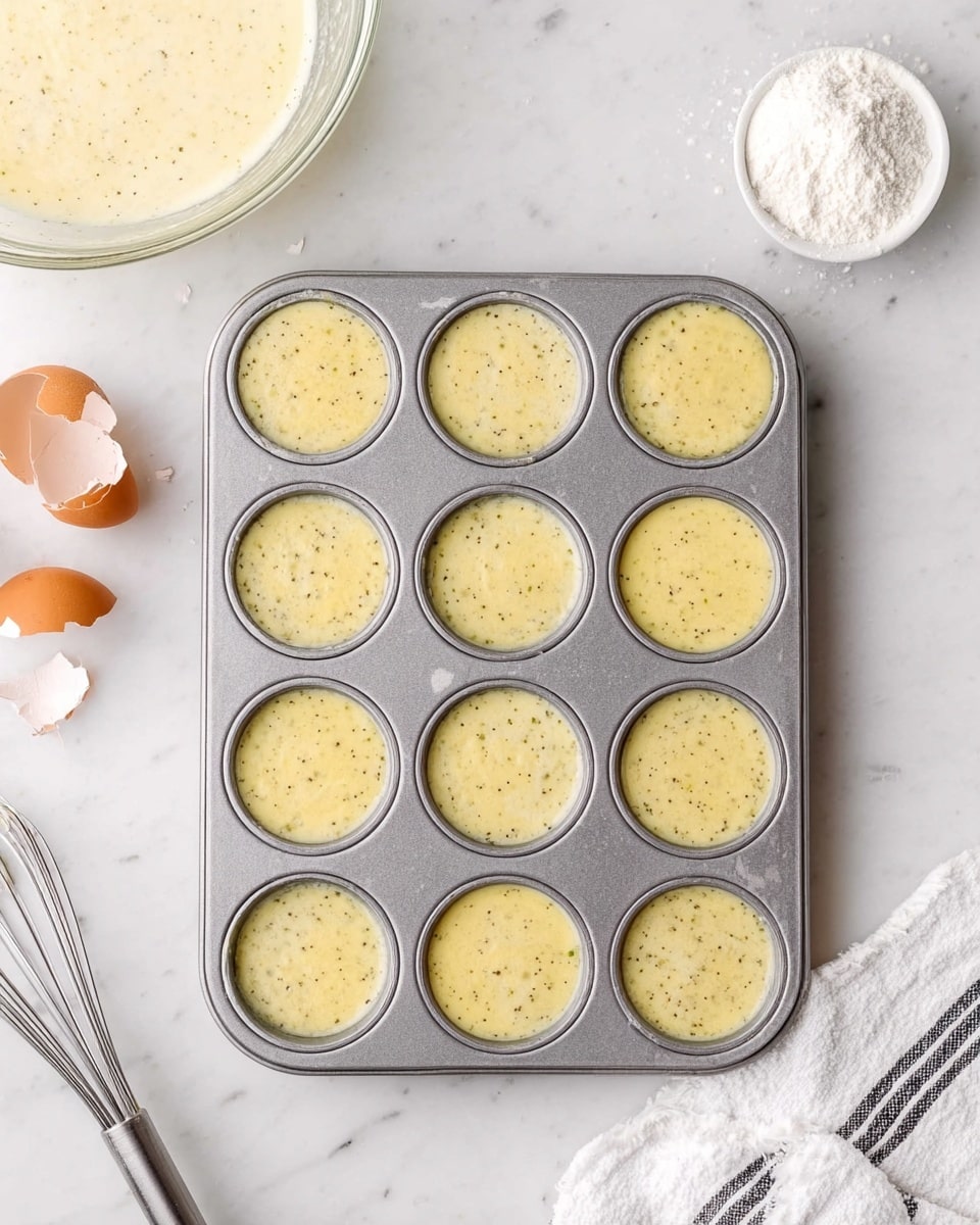 A metal muffin tray holds twelve round wells filled with light yellow batter speckled with small darker bits. The tray is placed on a white marbled surface. In the top left corner, a clear glass bowl with some remaining batter is visible. To the left of the tray, some broken eggshells and a metal whisk rest on the same white marbled surface. A white bowl with a small amount of white powder is seen in the top right corner, and a white cloth with black stripes is partially visible in the bottom right corner. The scene is bright and clean, focused on the baking preparation. photo taken with an iphone --ar 4:5 --v 7