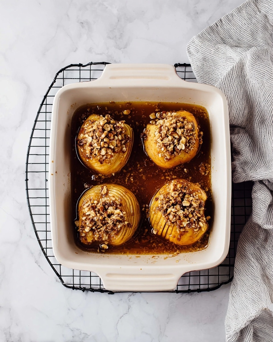 A white square baking dish holds four baked apples arranged in a 2 by 2 grid, sitting in a dark brown syrupy liquid. Each apple has thin vertical slices, with a crumbly topping made of small oats and crushed nuts, giving a textured look of light tan and deeper brown. The baking dish rests on a round black wire rack set on a white marbled surface. A gray and white striped cloth is folded and placed to the upper right of the dish. photo taken with an iphone --ar 4:5 --v 7