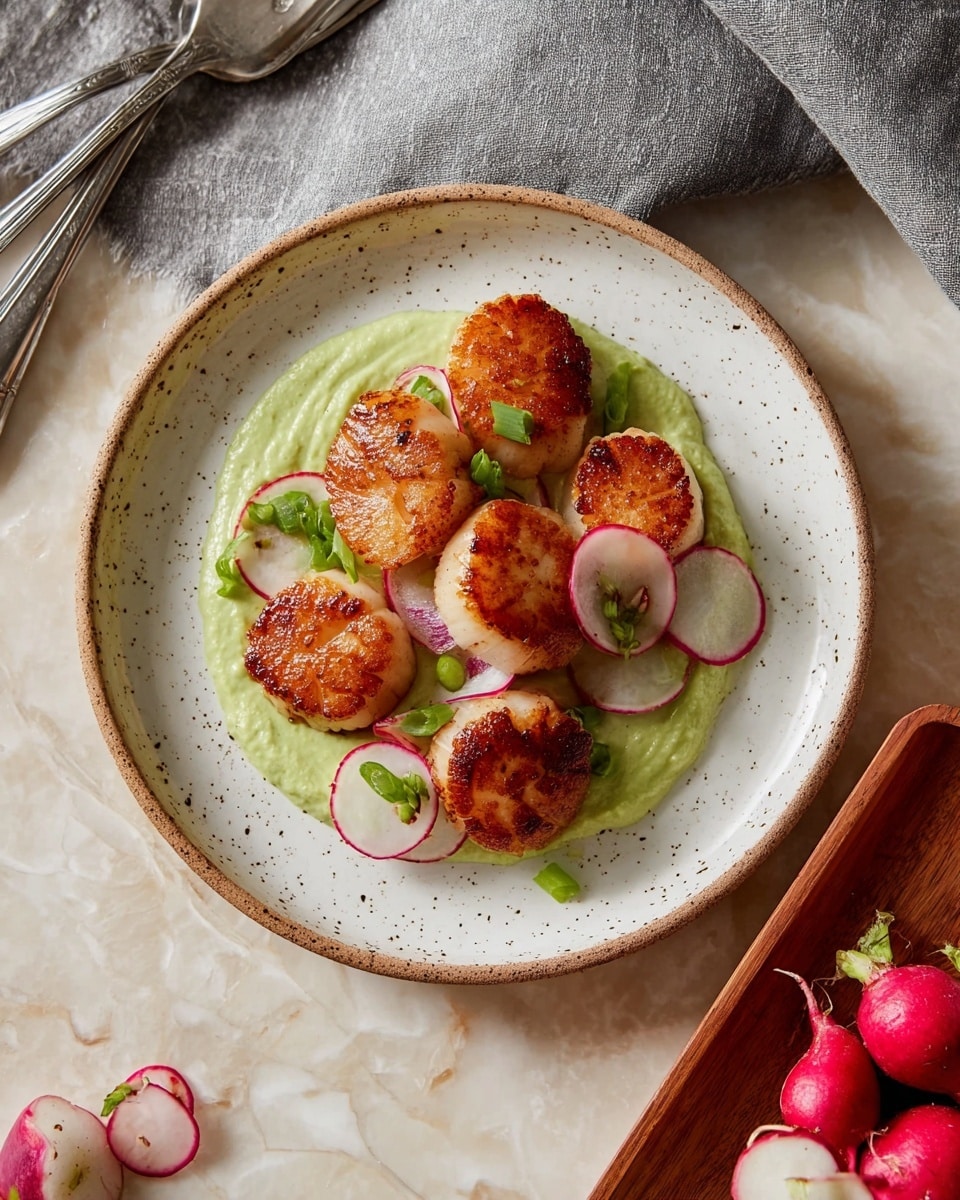 Six round scallops with a golden-brown crust are stacked in the center of a white plate with a speckled rim. Underneath, there is a thick, smooth layer of light green sauce spread in a rough circle. Thin slices of red and white radish with purple edges are scattered on top of the scallops and sauce. Small pieces of green onion add a pop of color across the dish. The plate sits on a light beige surface with a white marbled texture, next to a gray cloth and silver utensils. In the corner, a wooden tray holds whole and halved radishes. Photo taken with an iphone --ar 4:5 --v 7