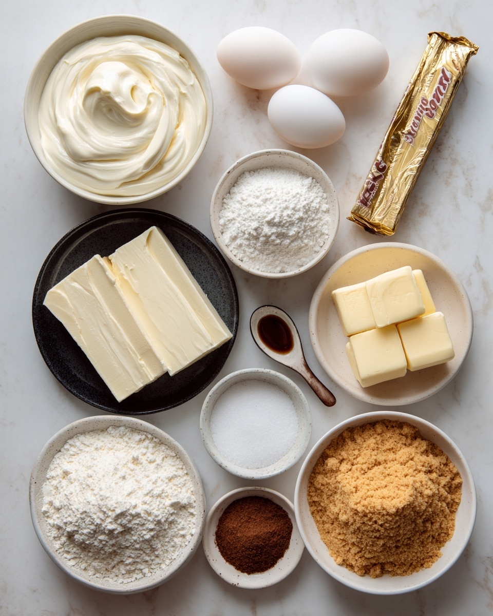 The image shows all the ingredients laid out neatly on a white marbled surface, ready for baking. On the left side, there is a bowl filled with smooth white sour cream, a small black plate holding two thick blocks of cream cheese with a creamy texture, three white eggs, a small pile of white flour, a gold-wrapped Toblerone bar, a small pile of white sugar in a light-colored bowl, a tiny spoon with dark vanilla extract, and a small spoon with white salt. On the right side, a small white bowl contains two blocks of pale yellow butter, a small bowl holds dark brown sugar, and a larger white bowl is filled with golden-brown graham cracker crumbs that look slightly coarse. The ingredients are separated clearly and arranged with space around them. Photo taken with an iphone --ar 4:5 --v 7