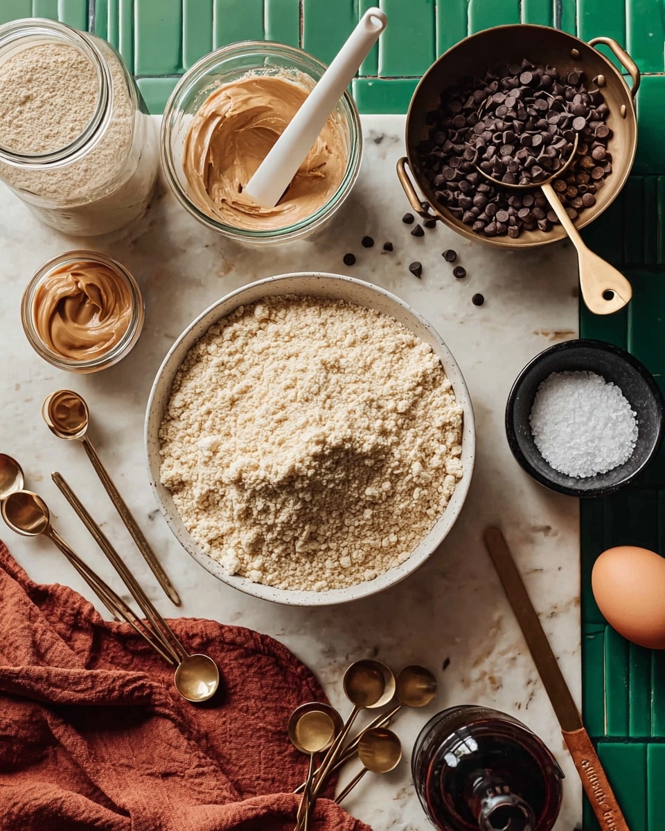 The image shows a top view of baking ingredients on a white marbled surface with a green tiled background. In the center, a large white bowl holds a heap of fine almond flour with a light beige color and crumbly texture. To the top left, a glass jar filled with a pale beige powder sits next to a small glass bowl containing smooth, light tan peanut butter with a white spatula resting inside. Above that is a brass measuring cup full of dark brown chocolate chips, some scattered nearby. To the right side, there is a whole brown egg resting on the marbled surface beside a small black bowl filled with coarse sea salt. Above the egg, a large white bowl contains a wooden spoon. Below the grain bowl, several gold measuring spoons with wooden handles are laid out, and in the bottom right corner, a bottle of dark liquid with a wooden handle is partially visible. A burnt orange cloth napkin is spread out beneath the almond flour bowl. Photo taken with an iphone --ar 4:5 --v 7