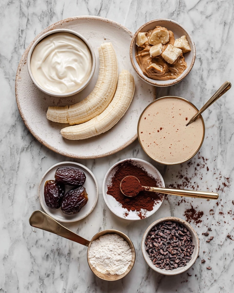 The image shows seven small white bowls and a white plate arranged on a white marbled surface. On the white plate, there are three peeled banana halves and two dark brown date pieces. One bowl contains a smooth white cream with a spoon resting inside. Another bowl is filled with a smooth light brown nut butter with some chunks. A third bowl has a light beige creamy liquid. One bowl is filled with dark brown cocoa powder, and a brass measuring spoon next to it holds a scant amount of the same powder. There is another bowl holding white powder, and one small bowl filled with dark brown cacao nibs, with some scattered nearby on the marble. photo taken with an iphone --ar 4:5 --v 7
