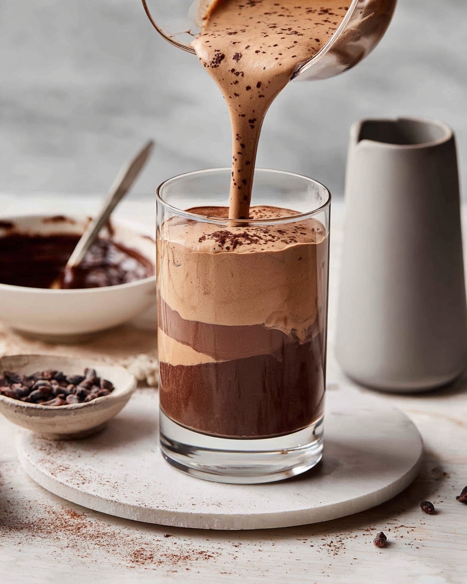 A clear glass filled with three thick layers of chocolate mousse with a smooth and fluffy texture, alternating between a darker chocolate layer and a lighter chocolate layer. The top layer is being poured from a clear pitcher, showing a creamy, light brown mousse with tiny chocolate specks. Behind the glass, there is a white bowl with dark melted chocolate and a spoon inside, a tall grey jug, and a white round plate with small dark cocoa nibs. The scene is set on a white marbled surface with a soft natural light. photo taken with an iphone --ar 4:5 --v 7