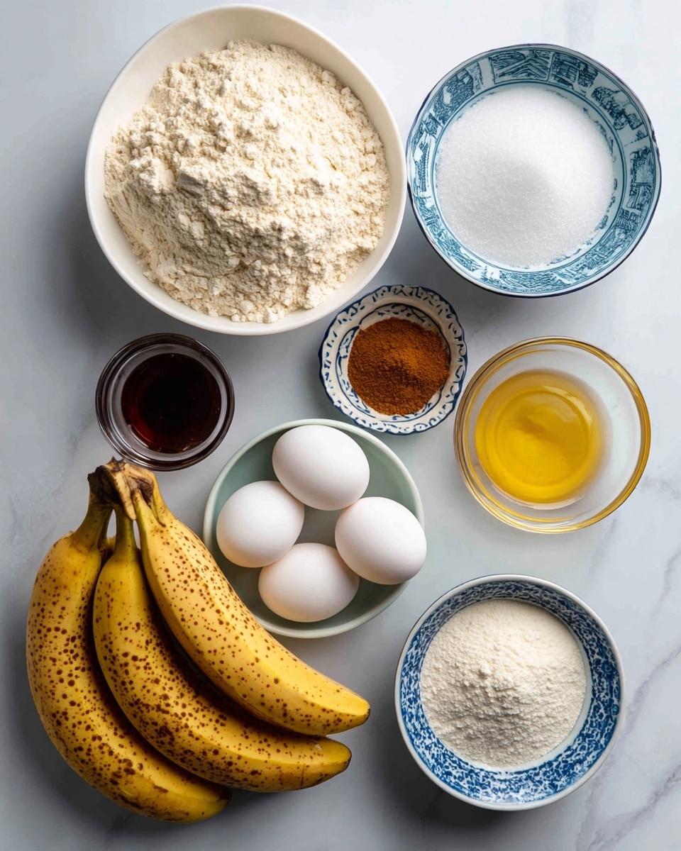 The image shows ingredients for baking laid out on a white marbled surface. There is one white bowl on the left filled with a heap of pale all-purpose flour that has a powdery texture. Towards the right is a smaller white bowl filled with fine white sugar. Above this bowl, a patterned blue and white small bowl holds a warm brown powder of cinnamon alongside some white salt. Near the center, three ripe bananas with yellow skin and many brown spots rest in a bunch. Below the bananas, two smooth white eggs sit side by side. Next to the eggs, a clear glass bowl contains golden melted butter with a shiny surface. A small glass container filled with dark brown vanilla extract sits to the left of the bananas. Near the bottom right corner, another small patterned blue and white bowl holds a white powder mixture of baking soda and baking powder. The overall setup is neat and organized, showing all ingredients needed for making banana bread or similar baked goods. photo taken with an iphone --ar 4:5 --v 7
