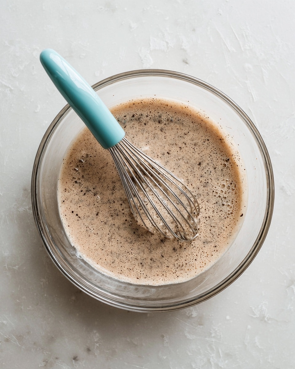 A clear glass bowl holds a light brown, foamy mixture with many small bubbles and darker specks spread throughout the surface. A silver whisk with a smooth blue handle rests inside the bowl, partially submerged in the mixture. The bowl sits on a white marbled surface, and the image is shot from above showing the whole bowl and parts of the whisk handle. Photo taken with an iphone --ar 4:5 --v 7