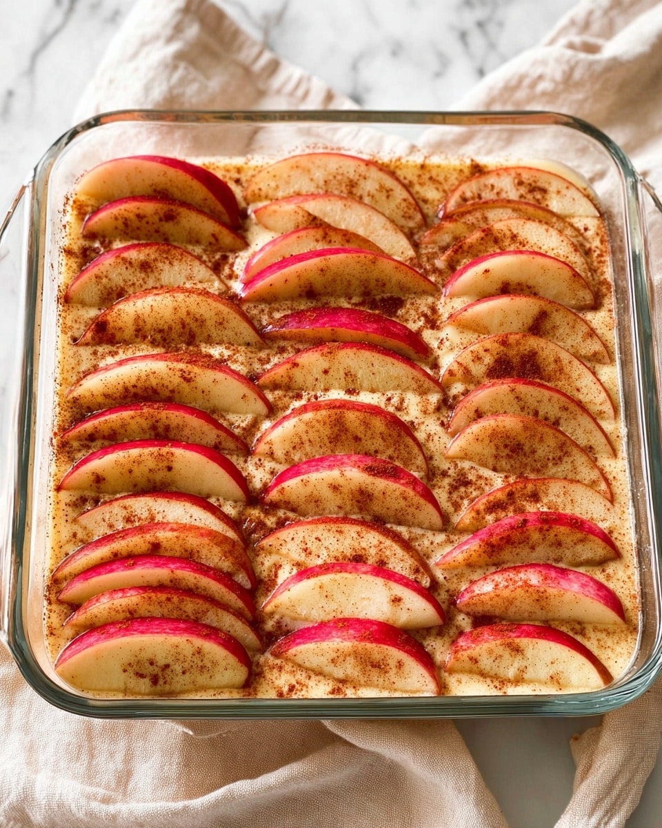A clear glass square dish filled with thin apple slices arranged in overlapping rows to cover the dish fully. The apple slices have red skin on the curved edges and a pale yellow inside, all sprinkled evenly with a fine layer of cinnamon giving a warm brown speckled look. The apples sit in a light creamy sauce that fills the bottom of the dish, visible between the slices. The dish is on a white marbled surface with a light beige cloth partially seen underneath the dish’s bottom edge. Photo taken with an iphone --ar 4:5 --v 7