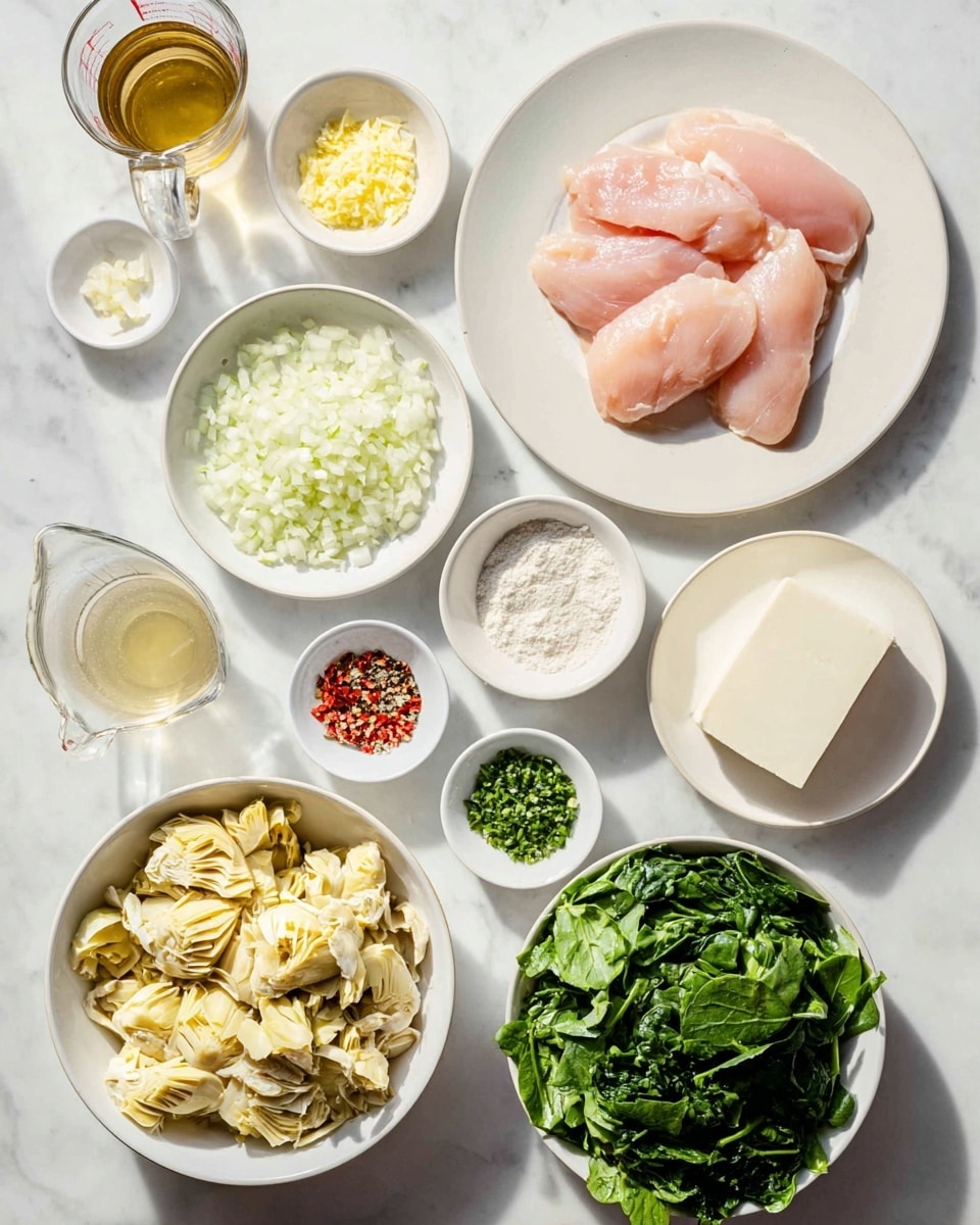 The image shows an overhead view of multiple white bowls and plates arranged on a white marbled surface, each holding different cooking ingredients. At the top right, a white plate holds three raw, pale pink pieces of chicken layered slightly on top of each other. Nearby, a smaller white bowl contains a dollop of yellow minced garlic. To the left, a white bowl is filled with finely chopped white onions, and below it, a small white bowl has coarse salt and pepper mixed together. In the middle, a large white bowl is piled with light yellow marinated artichoke pieces with a rough texture. To the right of this, a small white plate has a block of white cheese. At the bottom right, a large white bowl is full of chopped fresh green spinach leaves stacked loosely. Around the edges, there are small white bowls holding light yellow butter, red chili flakes, finely chopped herbs, and white flour. A clear glass measuring cup with light brown broth is on the left side, and the whole setup is neat and bright with natural lighting highlighting the fresh colors photo taken with an iphone --ar 4:5 --v 7