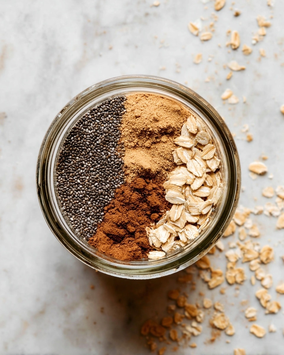 A clear glass jar seen from above shows four distinct layers of ingredients arranged separately inside. On the left side, there is a layer of small, black chia seeds with a rough texture. Next to it on the right is a light brown powder, which looks soft and fine like cocoa powder. Below the chia seeds, there is a darker brown powder layer, smooth and fine, resembling cinnamon. The final layer on the far right consists of rolled oats, pale tan and flat, spread out evenly. The jar is placed on a white marbled surface with some scattered oat flakes around it. Photo taken with an iphone --ar 4:5 --v 7