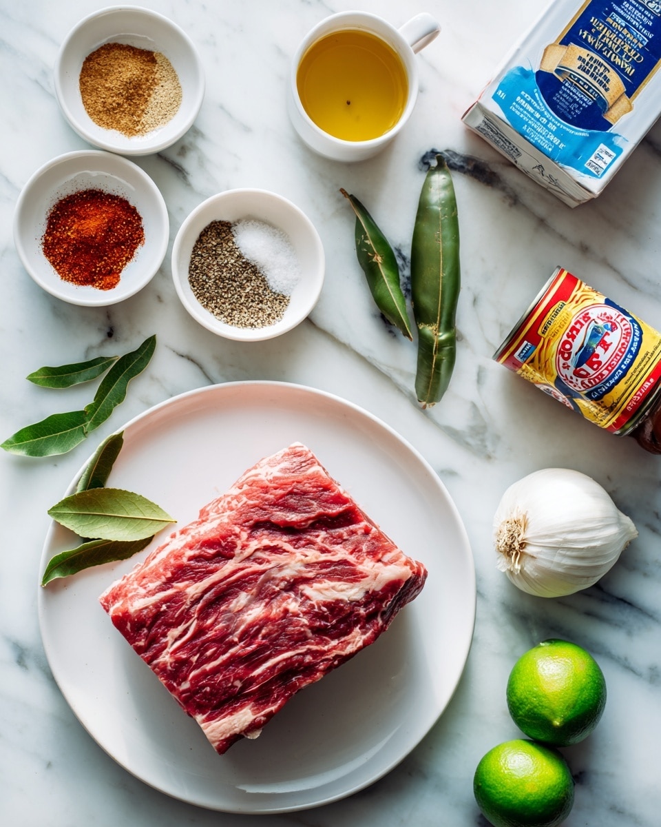 A white plate holds a large piece of raw chuck roast with visible marbling, placed on the left side of a white marbled surface. Around it are various small white bowls and items: one bowl contains a deep red chili powder, another has mixed brown and golden seasonings, a third bowl shows coarse salt and black pepper, and a fourth holds fresh green bay leaves. Two bright green limes sit near the center, next to a whole white garlic bulb. A small white cup holds golden oil, while a red and silver can of chipotle peppers in adobo sauce stands upright nearby. A clear bottle of vinegar with a black cap is placed above the limes. On the right side, a carton of beef broth with blue and white packaging leans slightly. All items are arranged neatly on the white marbled surface with clear lighting. Photo taken with an iphone --ar 4:5 --v 7