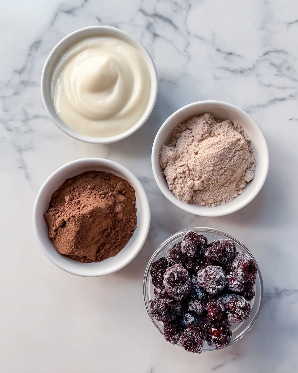 Four small white bowls on a white marbled surface, arranged in a loose grid. The top left bowl holds a creamy white swirl with a smooth texture. The top right bowl contains light brown powder with some small clumps. The bottom left bowl has a darker brown powder, also with small clumps. The bottom right bowl is filled with dark purple frozen berries covered in a thin icy layer. photo taken with an iphone --ar 4:5 --v 7