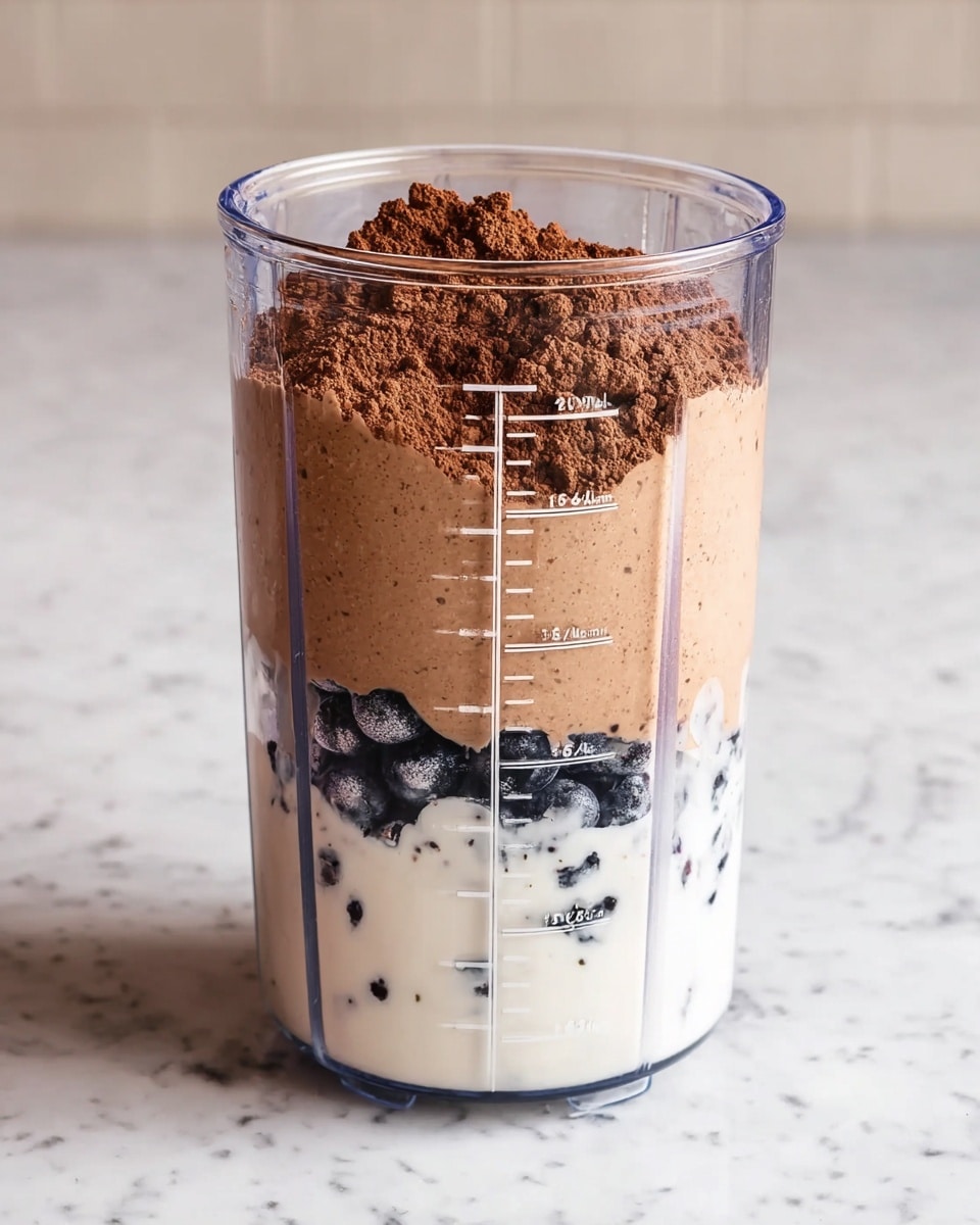 A clear blender cup filled with three layers of ingredients on a white marbled surface: the bottom layer has white liquid mixed with dark small berries, the middle layer is light brown powder thickly covering the berries, and the top layer is a darker brown powder loosely piled over the lighter powder. The cup has measurement marks on the side. Photo taken with an iphone --ar 4:5 --v 7