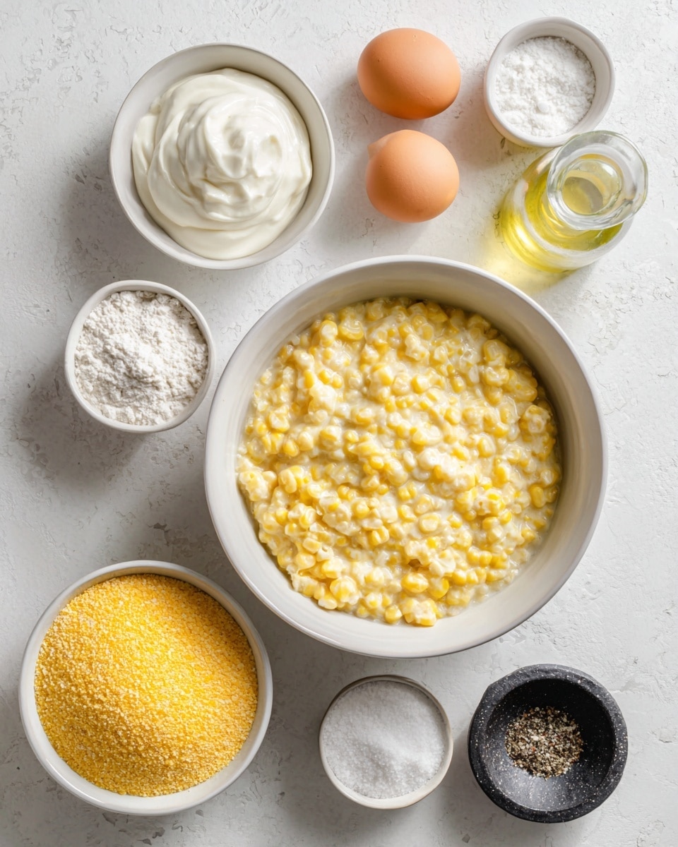 A white bowl filled with creamy yellow corn with visible soft corn bits sits in the center on a white marbled surface. Surrounding it are seven small white bowls and two brown eggs arranged neatly: at the top left, a white bowl holds thick, smooth sour cream with soft peaks; next to it, a clear glass bottle contains light yellow vegetable oil; to the top right, a small white bowl shows fine white baking powder. Below and to the left of the corn bowl, a white bowl holds bright yellow coarse cornmeal. At the bottom right, two small white bowls contain fine white salt and dark ground black pepper in a black stone bowl, all placed in an organized layout. Photo taken with an iphone --ar 4:5 --v 7