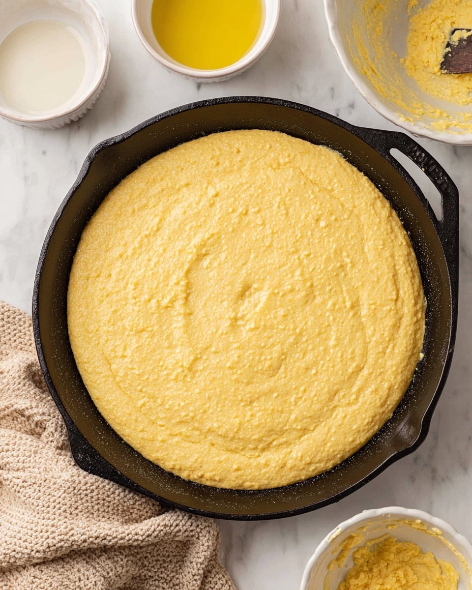 A black cast iron pan filled with smooth, thick, yellow cornbread batter spread evenly to the edges, showing a slightly textured surface. Surrounding the pan are three white bowls: one with a small amount of yellow liquid, one clean and empty, and one with traces of yellow batter inside. A beige, knitted cloth is partially visible near the corner, all set on a white marbled surface. Photo taken with an iphone --ar 4:5 --v 7