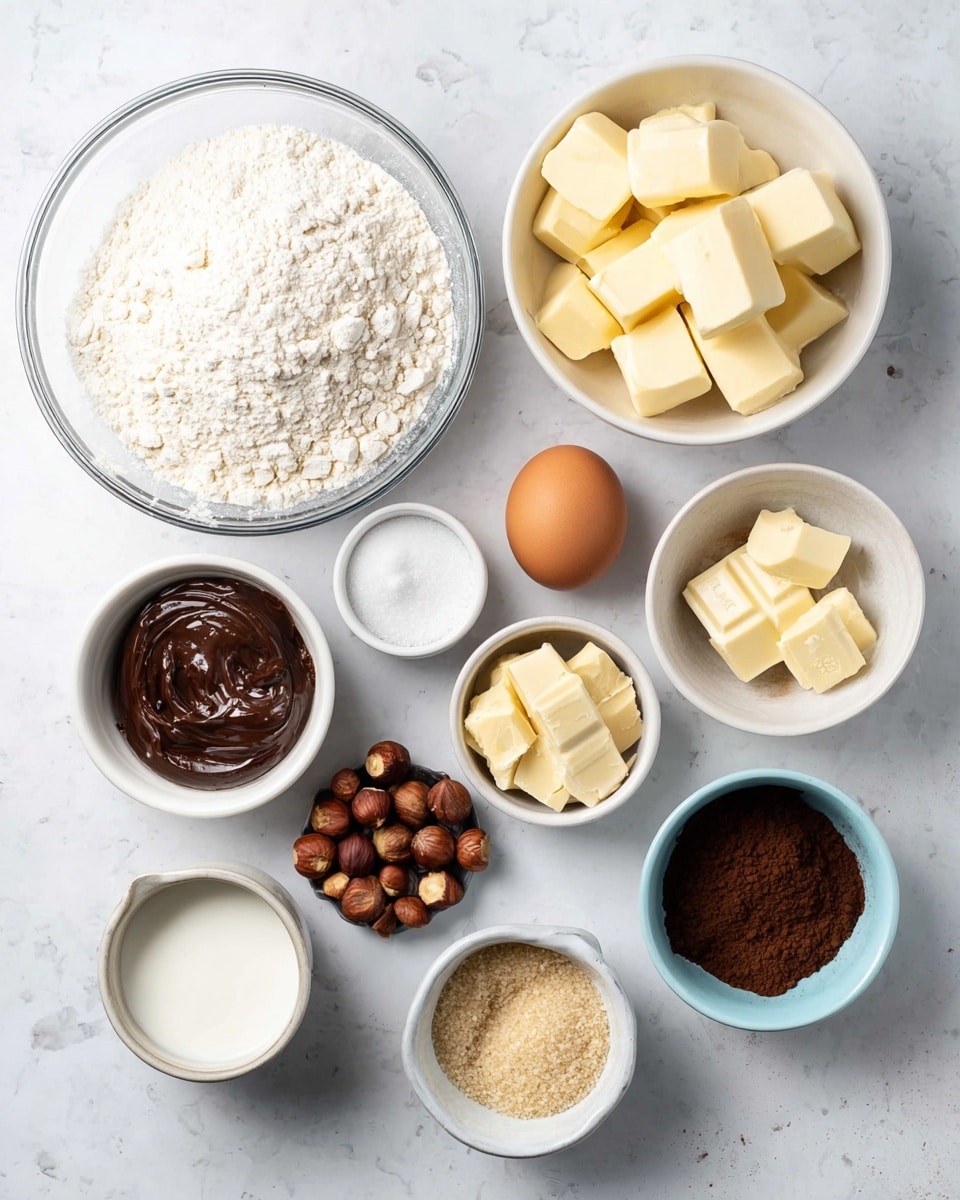 The image shows a group of ingredients arranged neatly on a white marbled surface. There are ten containers and one egg: a large clear bowl filled with white flour, a white bowl with cubed pale yellow butter, a white bowl with a few pieces of white chocolate, a white cup with dark brown chocolate spread, a white bowl with whole hazelnuts, a white bowl with light brown sugar, a white bowl with dark brown cocoa powder, a white bowl with white granulated sugar, a small bottle of vanilla extract, and a white bowl with milk. The brown egg is placed in the middle of the containers. The colors range from white, brown, to yellow, showing a mix of dry and creamy textures. photo taken with an iphone --ar 4:5 --v 7