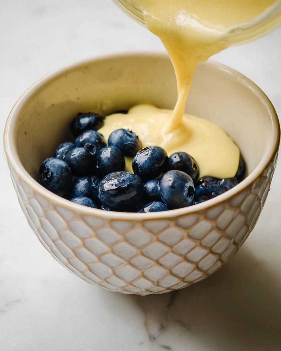 Inside a white bowl with a honeycomb pattern, there is a single layer of fresh, dark blue blueberries resting at the bottom. Thick, pale yellow batter is being poured over the blueberries from above, creating a smooth layer that flows and covers them partially. The bowl is placed on a white marbled surface, and part of the batter stream is in motion, showing a slightly glossy texture. Photo taken with an iphone --ar 4:5 --v 7