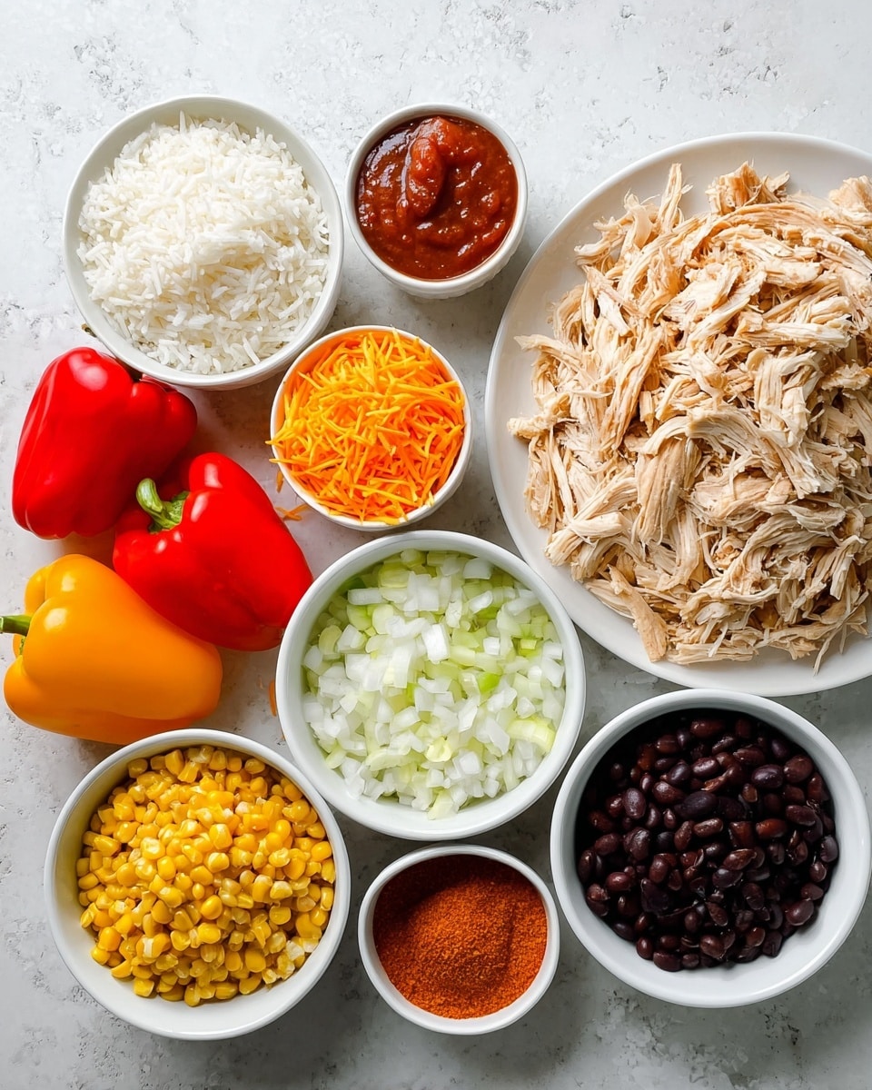 The image shows several white bowls and a large white plate arranged on a white marbled surface. The largest white plate on the right holds a big pile of shredded light brown cooked chicken. Next to it, smaller white bowls contain bright orange shredded cheese, dark red-brown salsa, and vibrant orange seasoning powder. Above these, a bowl with fluffy white cooked rice is placed. Below the rice, three smaller white bowls are filled with yellow corn, glossy black beans, and finely chopped white onions. On the far left, a bowl filled with whole colorful bell peppers in red, orange, and yellow completes the scene. The colors and textures are clean and vivid. photo taken with an iphone --ar 4:5 --v 7
