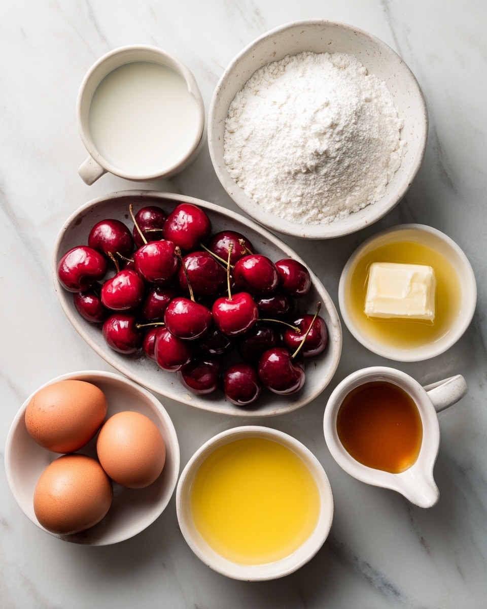 The image shows six white bowls arranged on a white marbled surface. At the top right is a bowl filled with white flour, below it to the right is another bowl with white sugar. In the center is an oval-shaped bowl filled with shiny, deep red cherries with a few stems visible. To the left of the cherries is a round bowl containing creamy white milk. Below the cherries, two brown eggs rest in a small white bowl. Next to the eggs is a bowl with bright yellow melted butter, and to its right is a small spouted white bowl holding amber-colored vanilla extract. Each ingredient is clearly separated and displayed with natural lighting. Photo taken with an iphone --ar 4:5 --v 7