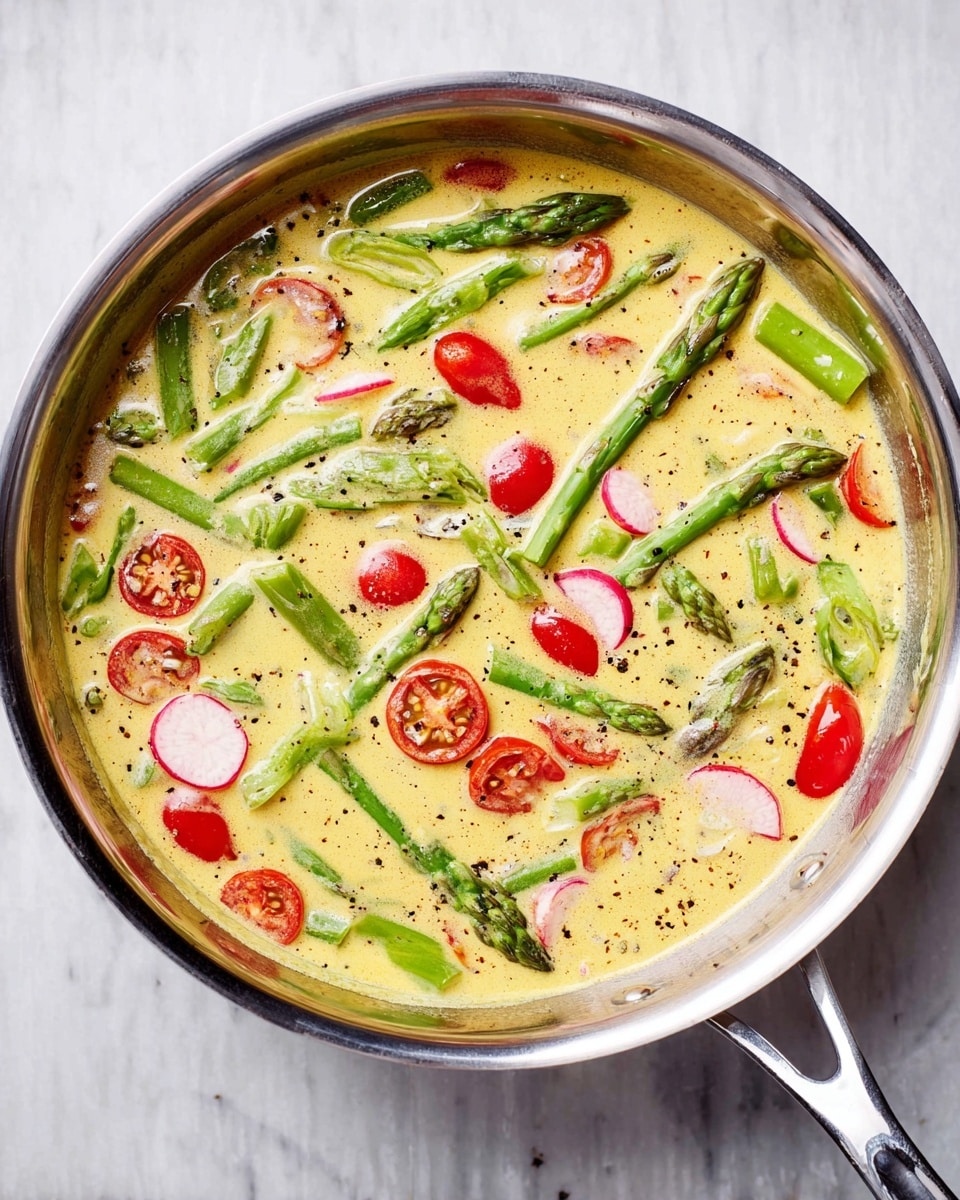 The image shows a shiny stainless steel pan filled with a creamy light yellow sauce mixed with fresh green asparagus pieces, halved red cherry tomatoes, and thin slices of light pink radishes. The vegetables float evenly in the sauce, which has a smooth texture dotted with small black pepper specks. The pan is set on a white marbled surface, with its handle pointing to the right, and the inside of the pan reflects soft natural light. The food looks fresh, colorful, and ready to be served. photo taken with an iphone --ar 4:5 --v 7