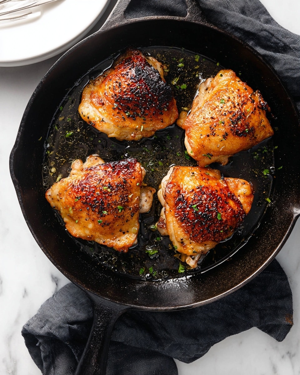 A black cast iron skillet holds four pieces of cooked chicken thighs arranged in a circle. Each chicken piece has a crispy golden-brown skin with a slightly charred texture and sprinkled with small green herb bits. The skillet shows sizzling butter and oil around the chicken, giving a shiny and moist look. The skillet is resting on a dark cloth, placed on a white marbled surface. Part of a white plate is visible on the top edge. Photo taken with an iphone --ar 4:5 --v 7