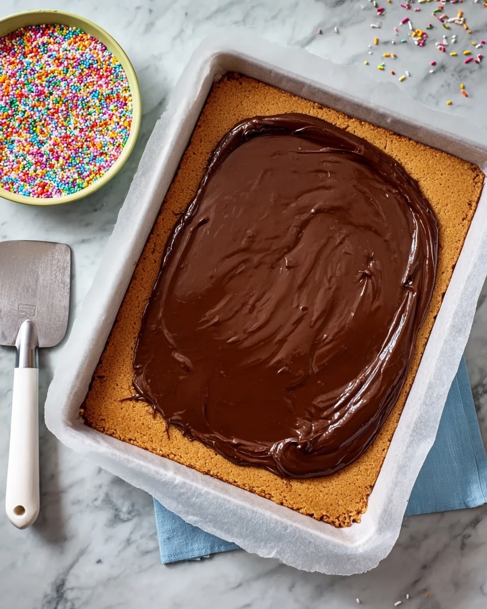 A rectangular baking tray lined with white parchment paper holds a thick, golden brown baked layer with a rough texture. On top, a large pool of smooth, glossy dark chocolate spread covers the center, leaving the edges of the baked layer visible. Beside the tray, a bowl filled with bright, colorful rainbow sprinkles sits on a white marbled surface, with some sprinkles scattered nearby. A large metal spatula with a white handle rests next to the tray. Photo taken with an iphone --ar 4:5 --v 7