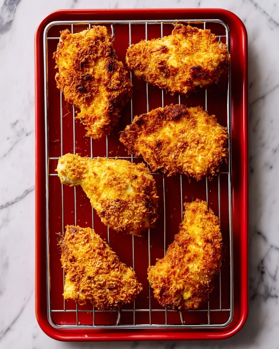Five pieces of crispy baked chicken with a golden-brown crunchy layer are placed on a metal rack over a red tray. The chicken pieces vary in size and shape, with some showing darker toasted spots in the crunchy coating. The tray sits on a white marbled surface, enhancing the contrast with the bright colors of the cooked chicken and the red tray. Photo taken with an iphone --ar 4:5 --v 7