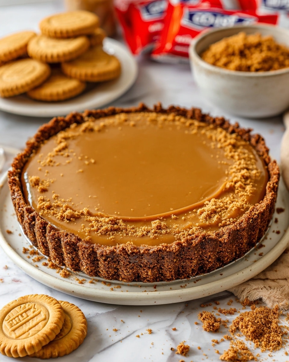 The image shows a dessert with two clear layers on a white plate placed on a white marbled surface. The bottom layer is a thick, crumbly crust made from crushed biscuits, rough textured and dark brown in color, forming the sides and base of the tart. The top layer is a smooth, glossy caramel-like filling in a light brown shade, evenly spread inside the crust. Some biscuit crumbs are sprinkled around the edges on top of the caramel layer. In the background, there is a small white plate with whole round caramel biscuits arranged on it and wrapped biscuit packets nearby. A bowl with more biscuit crumbs sits behind the tart. Photo taken with an iphone --ar 4:5 --v 7