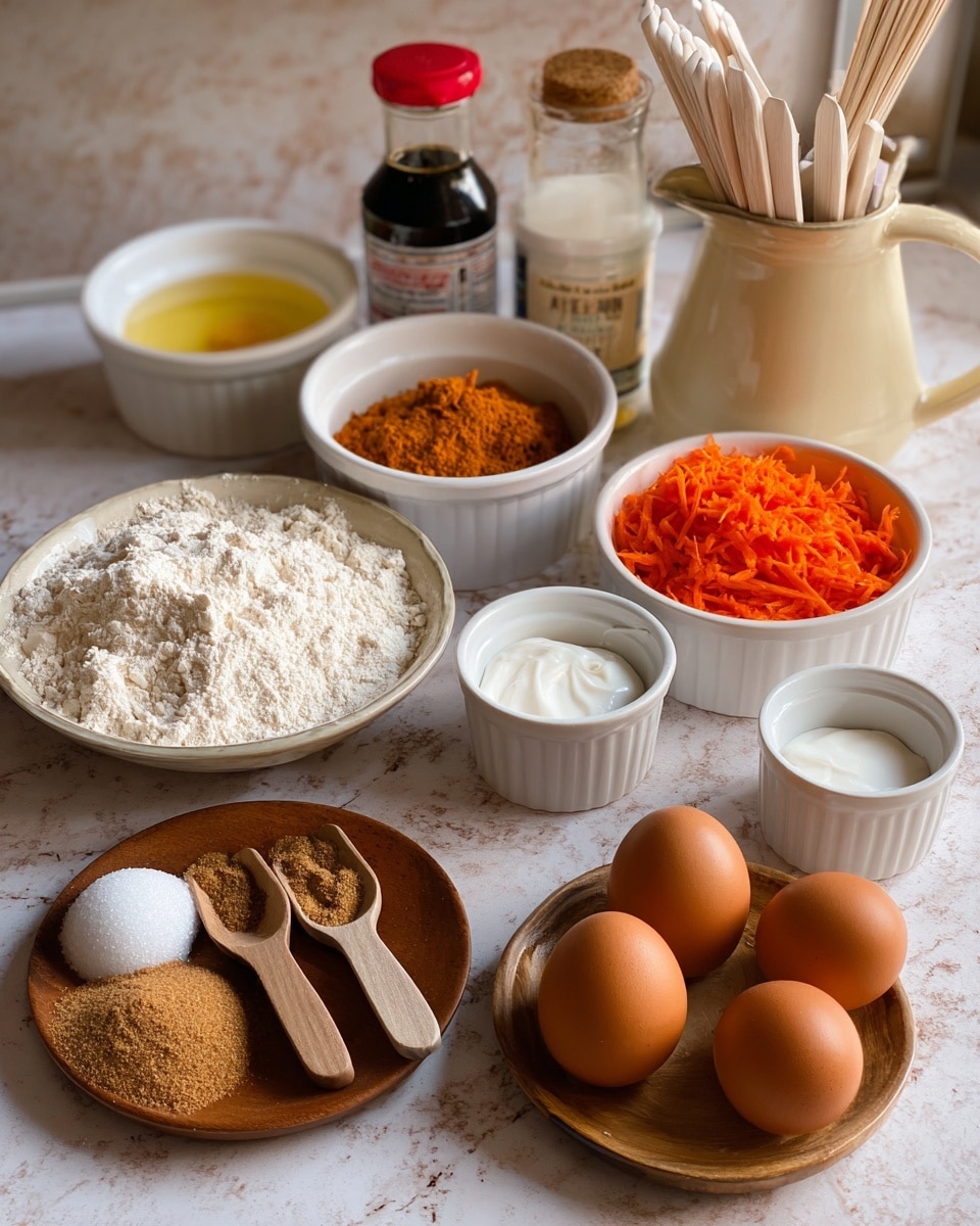 A collection of baking ingredients is arranged on a white marbled surface, featuring seven eggs with brown shells in the front right, and three small white bowls with white powder, white cream, and sugar arranged near the eggs. On the left side, there's a small wooden plate with white flour and three wooden measuring spoons containing ground cinnamon, ground ginger, and salt. Behind these are three white bowls, one filled with light brown sugar, another with a yellow liquid, and the third filled with bright orange shredded carrots. In the background, a small white jar with a lid, a bottle of vanilla extract with a red cap, and a beige ceramic creamer jug sit alongside a wooden holder with thin white utensils. The whole setup has a warm, well-lit natural look, and a woman’s hand is not visible in this image. photo taken with an iphone --ar 4:5 --v 7