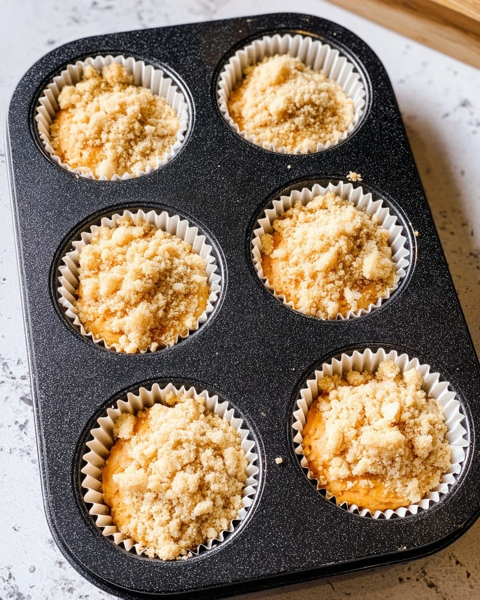 A black speckled muffin pan holds six white paper cupcake liners filled with a light orange batter, each topped with a crumbly, pale golden streusel layer. The streusel has a coarse texture with small chunks scattered evenly over the surface of each batter portion. The pan sits on a white marbled surface, with soft natural light enhancing the warm colors and textures of the batter and streusel, giving a fresh and inviting look. Photo taken with an iphone --ar 4:5 --v 7