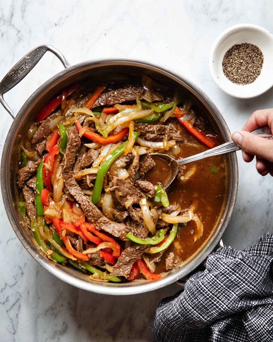 A close-up top view of a large silver pot filled with cooked beef strips mixed with sautéed green and red bell pepper strips and translucent onion slices, all coated in a glossy brown sauce. The mixture shows a layered texture with tender meat and soft vegetables, while a silver spoon rests inside the pot picking some of the stir-fry. A woman's hand holds the pot handle with a black and white checkered cloth. The pot is placed on a white marbled surface, with a small white bowl containing cracked black pepper placed nearby. photo taken with an iphone --ar 4:5 --v 7