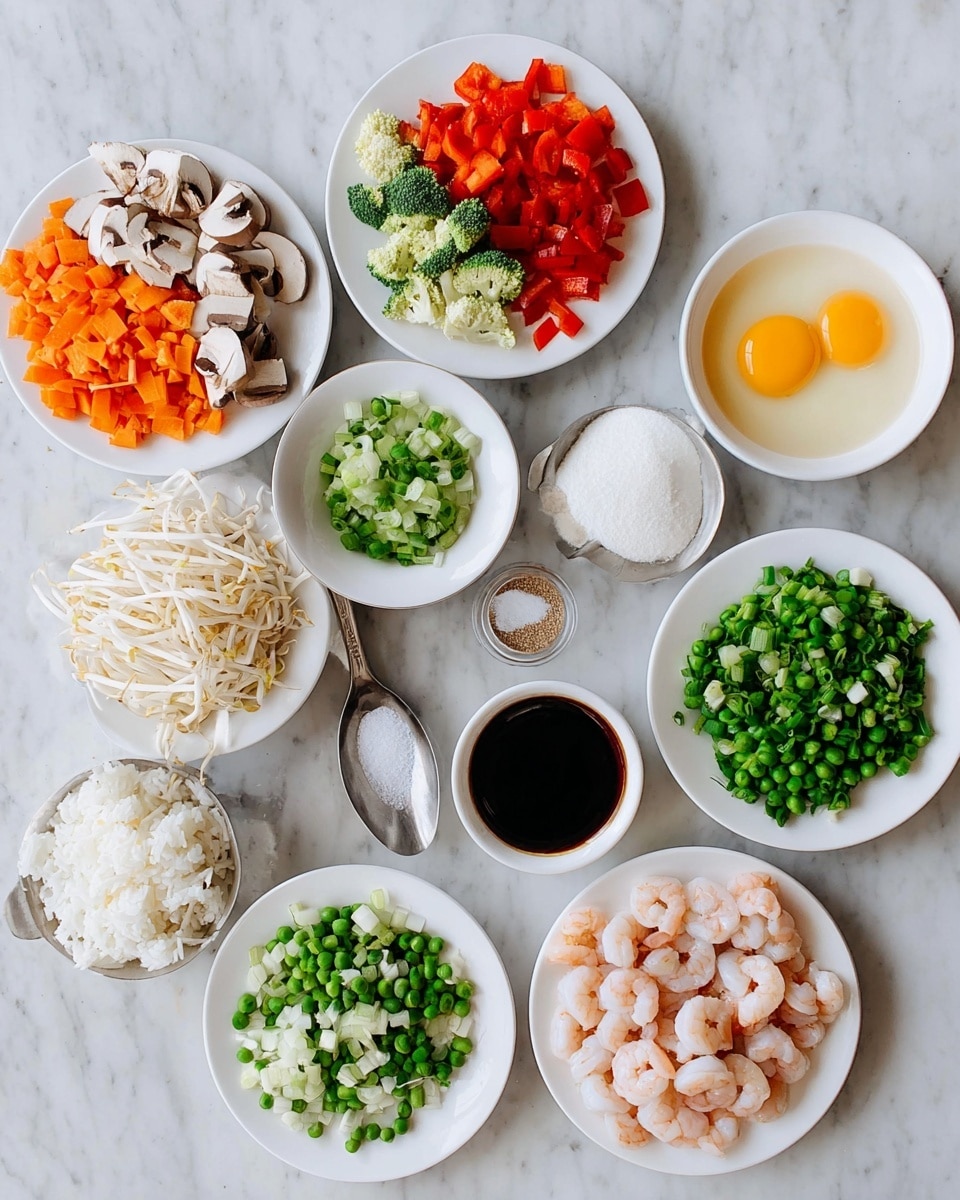 The image shows multiple white plates arranged on a white marbled surface, each containing different ingredients for a dish. Starting from the top left, there is a plate with chopped orange carrots, red bell peppers, white mushrooms, and green broccoli pieces, arranged in separate sections forming a colorful mix. Below it, a plate holds chopped green onions, finely chopped white onion, and a small amount of minced garlic spaced apart. To the right, a small bowl contains two raw eggs with bright yellow yolks and clear whites. Next to it is a plate with white bean sprouts. Above the bean sprouts, there is a small bowl with dark soy sauce and a spoon inside, and beside it, a small bowl holds white powder and spices. Further right, a plate has chopped green peas or snap peas, and below it is a plate of small, light pink shrimp placed in a circle. Finally, at the bottom right, a plate is filled with small cubes of cooked brown meat. Off to the left side of this setup, another bowl contains large portions of white rice. The bright and fresh colors of the ingredients are captured clearly. photo taken with an iphone --ar 4:5 --v 7