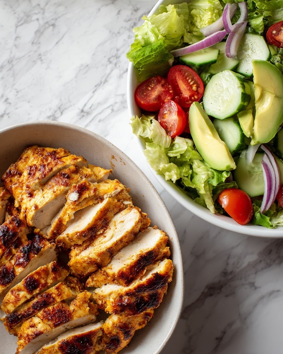 The image shows two dishes side by side on a white marbled surface. On the left, there is a pile of sliced grilled chicken with a golden brown and slightly charred texture, arranged in overlapping layers, showing the moist white meat inside and a crispy outer layer with grill marks. On the right, a white bowl holds a fresh salad made of green lettuce leaves at the base, topped with neatly cut pieces of green cucumber, light green avocado slices, halved bright red cherry tomatoes, and thin slices of purple onion scattered on top for color contrast. Photo taken with an iphone --ar 4:5 --v 7