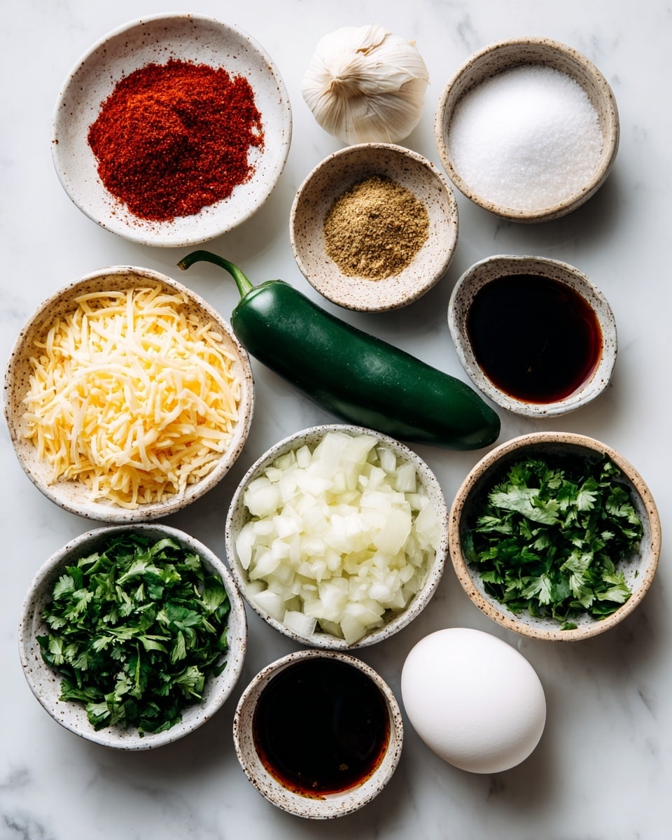 The image shows several small white bowls and one jalapeño pepper laid out on a white marbled surface. There are ten ingredients: a white bowl with bright red smoked paprika powder at the top left, a white speckled bowl with light brown ground cumin at the top center, a white bowl with white salt crystals at the top right, two garlic cloves next to the paprika bowl, a whole dark green jalapeño pepper placed horizontally in the middle, a white speckled bowl filled with chopped white onion to the right of the jalapeño, a white bowl with shredded pale yellow pepper jack cheese below the garlic, a brown speckled bowl with chopped fresh green cilantro below the onion, a white speckled bowl with ground black pepper at the bottom left, a white bowl with dark brown Worcestershire sauce to the right of the cilantro, and a single large white egg placed below and slightly to the right of the jalapeño. All the bowls have a smooth texture and are arranged neatly with the ingredients clearly visible and vibrant. Photo taken with an iphone --ar 4:5 --v 7