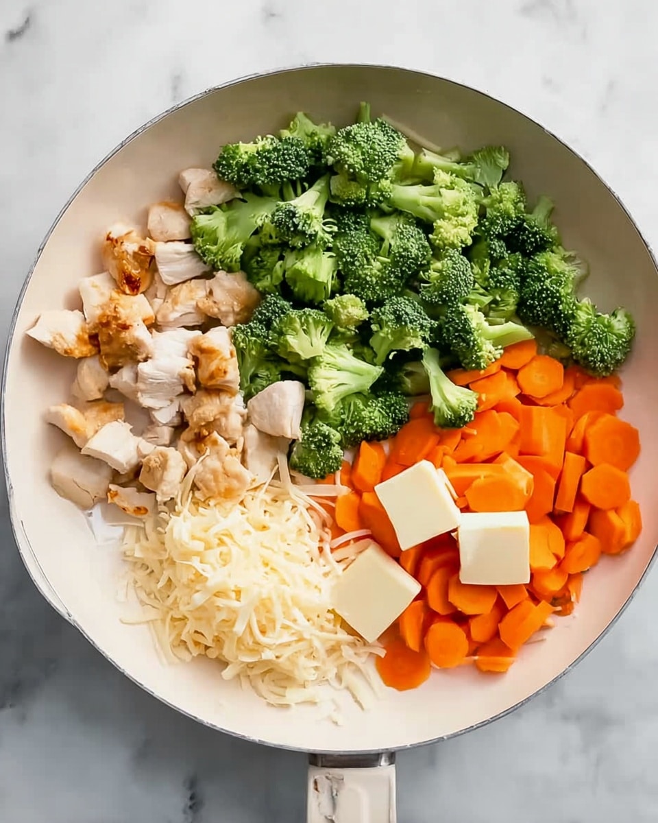 A white skillet sits on a white marbled surface, filled with several colorful ingredients arranged separately inside. On the left side, there are small, lightly browned pieces of chicken scattered. Next to them, groups of green broccoli florets take up a large middle area. To the right, bright orange carrot slices are stacked with two small pieces of butter on top. Below the broccoli and carrots is a small pile of shredded light cheese. The mix of colors and textures creates a fresh and vibrant look. photo taken with an iphone --ar 4:5 --v 7