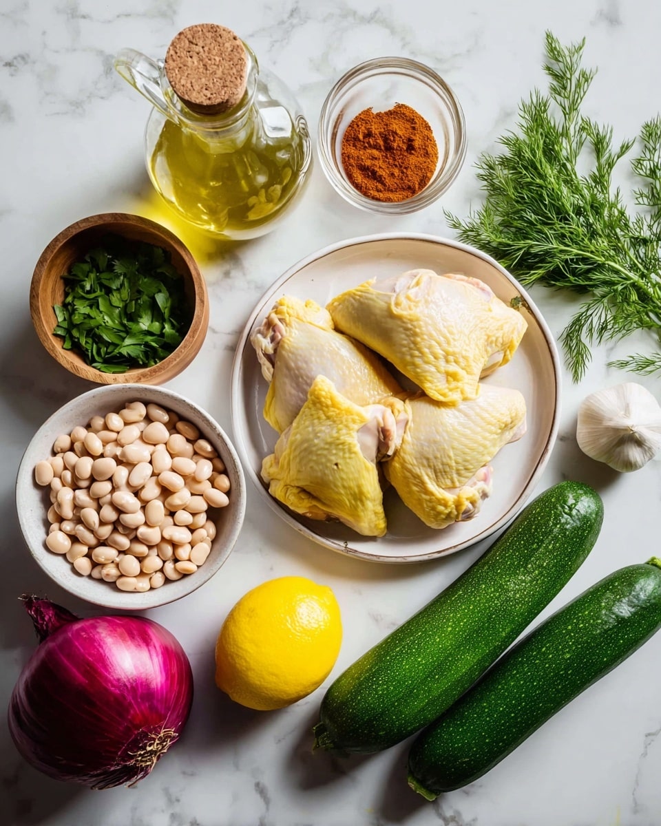 The image shows various fresh ingredients arranged on a white marbled surface. On the right side, there is a plate filled with several pieces of raw chicken with light yellow skin. Near the plate, there are three dark green zucchinis placed side by side. Next to the zucchinis is a whole bright yellow lemon. On the lower left side, there is a round white bowl filled with light beige beans. Just above it, a small wooden bowl contains fresh green dill leaves. To the left of the bowl, a whole red onion with deep purple skin rests on the surface. Above the onion are three glass containers: one holding clear olive oil with a cork top, another with white vinegar, and a third filled with reddish-brown paprika powder. In the top right corner, there is a whole white garlic bulb, and on the far right, fresh green parsley leaves slightly overhang the edge of the scene. Photo taken with an iphone --ar 4:5 --v 7