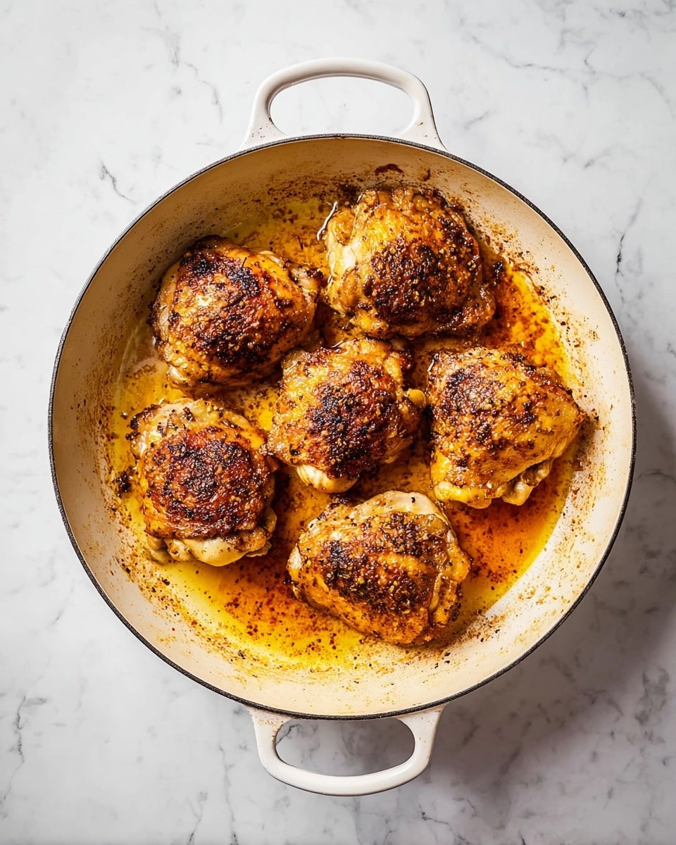 A round white pan with two handles holds six pieces of cooked chicken thighs arranged in a circular pattern. The chicken pieces have a crispy golden-brown skin with darker brown spots, showing a textured surface. The bottom of the pan has a layer of orange-brown oil and cooking stains, adding a glossy shine around the chicken. The pan sits on a white marbled surface with subtle grey veins. photo taken with an iphone --ar 4:5 --v 7