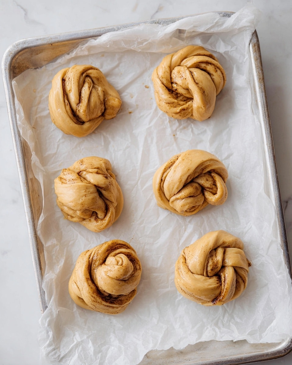 The image shows six small twisted dough knots placed evenly on crinkled white parchment paper on a metal baking tray. Each dough knot has a light golden-brown color with darker streaks of filling visible through the layers, showing a cut-and-twisted texture. The dough looks soft and slightly shiny, with visible specks that suggest seasoning or spices mixed in. The spiraled layers create a round, compact shape with some uneven edges. The baking tray sits on a white marbled surface. photo taken with an iphone --ar 4:5 --v 7