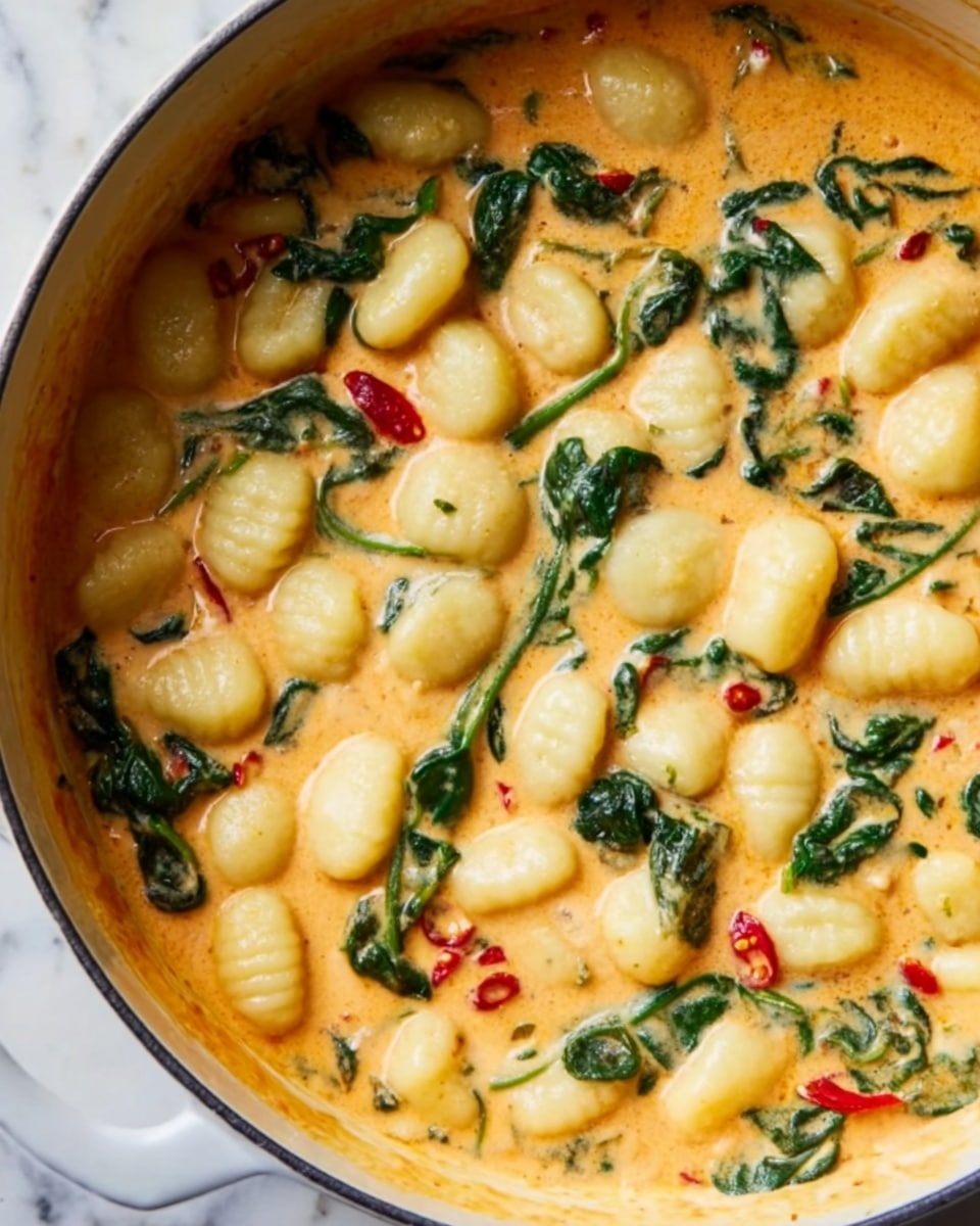 A close-up view of a white pot filled with a creamy orange sauce layered with light yellow, pillow-shaped gnocchi scattered across the top. The sauce is smooth and rich, with visible dark green spinach leaves and small red chili peppers floating inside. The gnocchi appear soft and slightly ridged, resting gently in the thick sauce, which fills the pot almost to the brim. The pot sits on a white marbled surface. photo taken with an iphone --ar 4:5 --v 7